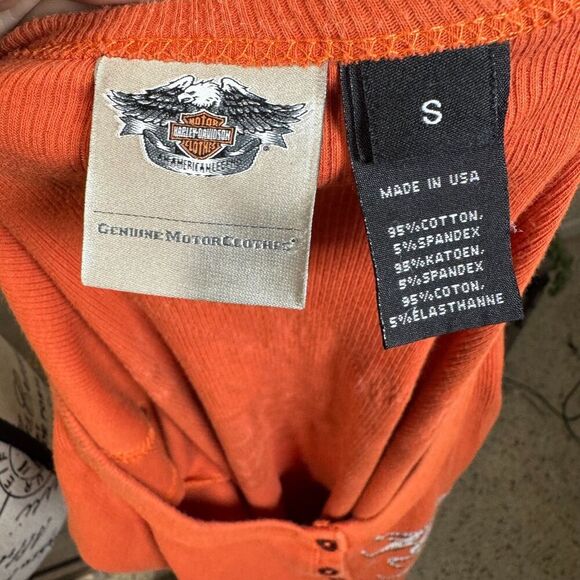 Harley Davidson Y2K Orange Henley Short Sleeve Tee Size S Embellished Biker - Picture 7 of 7